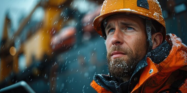Bearded Worker in Rain at Construction Site