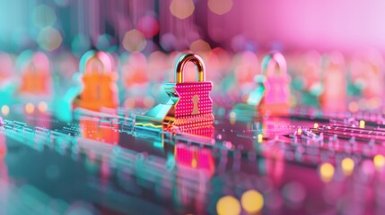 An abstract illustration symbolizing cybersecurity, with digital locks and shields representing protection against data breaches and cyber threats.