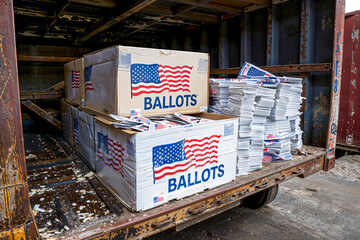 Boxes of voting ballots discarded in dirty warehouse dumpster. Fictitious depiction, artist's impression. USA election turmoil, lost ballots