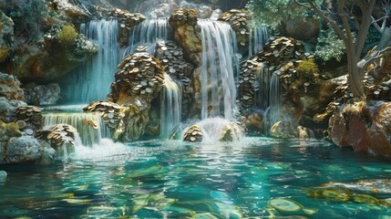 surreal image of a waterfall with flows of coins and paper money, cascading into a crystal-clear lake of savings