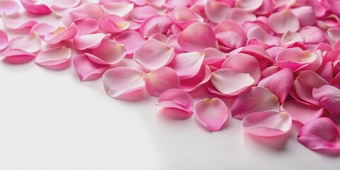 Fototapeta premium Pink rose petals scattered on a white background, roses, petals, soft, romantic, lovely, delicate, floral, beauty, decoration