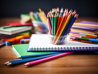 Fototapeta premium Office supplies like crayons, pens, and notebook for back to school
