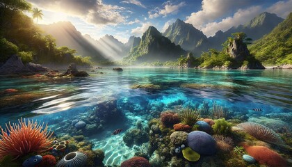 Obraz premium Tropical Paradise with Coral Reef and Mountains 