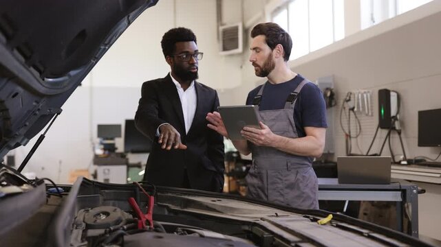 Mechanic explaining car issues to businessman in workshop. Professional technician using tablet to demonstrate vehicle diagnostics. Businessman in suit listening and engaging with mechanic.