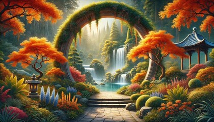 Obraz premium Enchanting Garden with Waterfall and Archway 