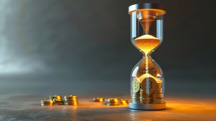 surreal scene of an hourglass where the sand grains are replaced with tiny coins, illustrating the value of time in budgeting