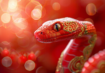 Uma linda cobra vermelha com uma cabeça de dragão, decorada com padrões tradicionais e desenhos dourados no corpo, um close do rosto contra um fundo desfocado, ano novo chinês