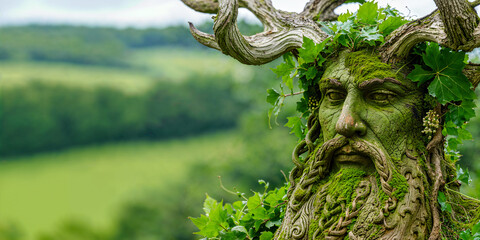 Green Man wood carving, wide banner, copyspace