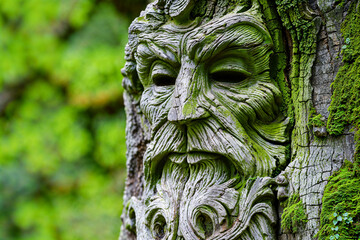 Green Man face in a tree, wood carving