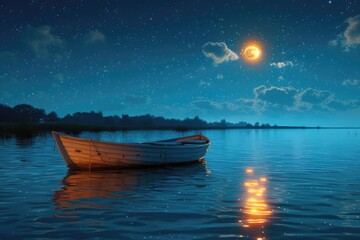 A boat is floating on a lake at night with a full moon in the sky