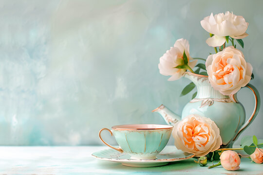 Cute tea set with flowers on vintage tabl