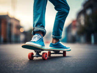 Fototapeta premium Close-up of legs in blue sneakers riding a green skateboard, showcasing an active lifestyle