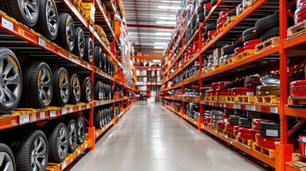 A large warehouse with a lot of red racks of wheels