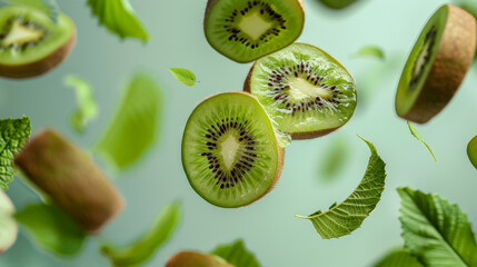 kiwi fruit slices falling or floating