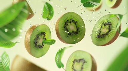 Fototapeta premium kiwi fruit slices falling or floating