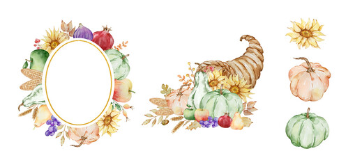 Fototapeta premium Watercolor autumn gold frames set with pumpkin, sunflowers, cornucopia, fall leaves
