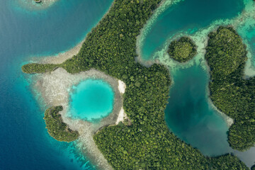 Aerial view of an aquamarine lagoon and lush vegetation in Kepulauan Togean National Park; Wakai, Central Sulawesi, Indonesia