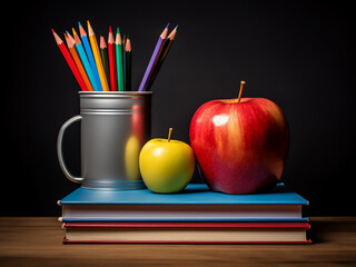 Mug with colored pencils, surrounded by books and an apple