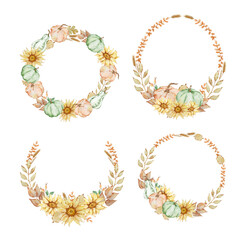 Watercolor autumn wreath set with pumpkin, sunflowers, fall leaves