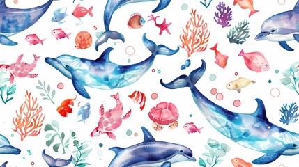 Obraz premium Watercolor Underwater Sea Life Pattern