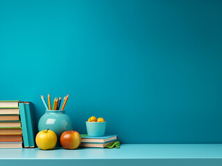 School accessories on a desk with space for text, highlighting educational themes