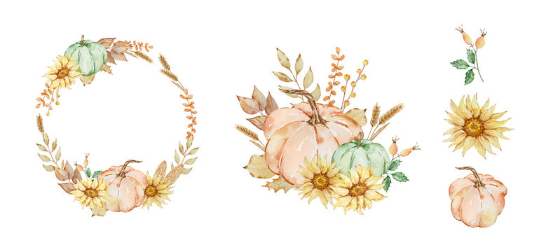 Watercolor autumn wreath set with pumpkin, sunflowers, fall leaves