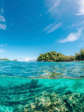 Split view of a reef in the clear turquoise ocean water and coastline with boat in Kepulauan Togean National Park; Wakai, Central Sulawesi, Indonesia