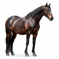 Obraz premium Majestic, sleek horse with shiny dark brown coat standing gracefully, showcasing strength and elegance against a white backdrop.