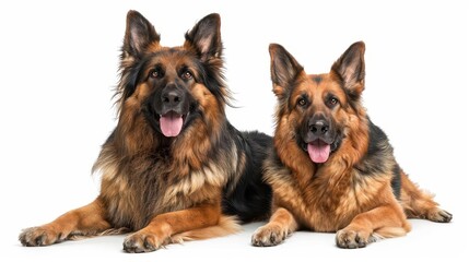 Two beautiful German Shepherd dogs lying side by side on a white background, looking relaxed and...