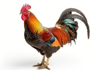 Fototapeta premium Vibrant, colorful rooster standing on a white background showcasing its detailed feathers and proud stance.