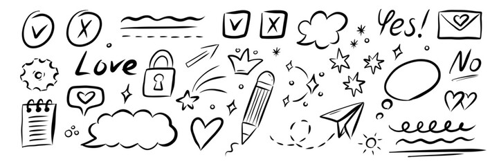 Sketch underline, emphasis, arrow shape set. Hand drawn brush stroke, highlight, speech bubble, underline, sparkle element Vector illustration