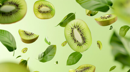 Fototapeta premium kiwi fruit slices falling or floating