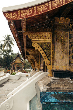 Close-up of the architectural detail and ornate design at Wat Xieng Thong, a Buddhist temple in Luang Prabang, Laos; Luang Prabang, Laos