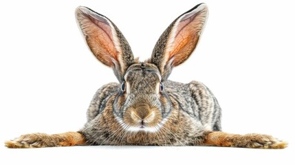 Fototapeta premium Close-up of a rabbit with large ears lying down on a white background, showcasing its detailed fur and facial features.