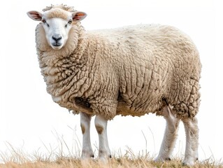 Fototapeta premium Close-up of a woolly white sheep standing on grass in a rural field. Ideal for agricultural, farm, and livestock themed projects.