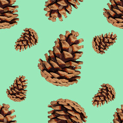 Seamless pattern with pine cones on a green background