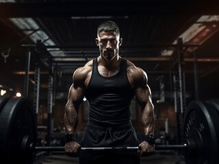 Fototapeta premium Man lifting weights in a dark gym, illustrating intense fitness training