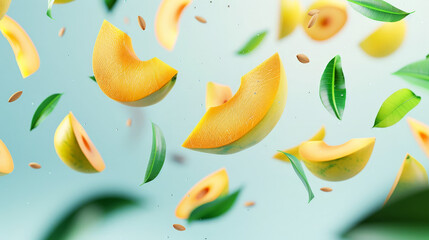 sliced mango pieces falling or floating