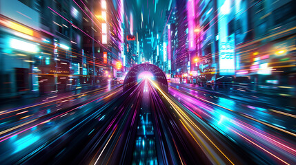 Fototapeta premium Glitch Art Scenes with Blue Neon Light Trails Captured with a Fisheye Lens