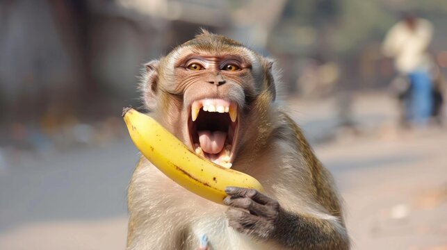 Angry Monkey Roaring in the Wild, Fighting for Food with People on a Roadside