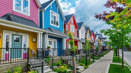 Colorful row houses with vibrant facades in a picturesque urban neighborhood.