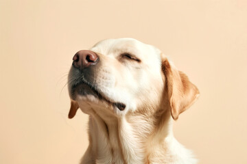 Labrador Retriever of light color with closed eyes and raised head on a beige background