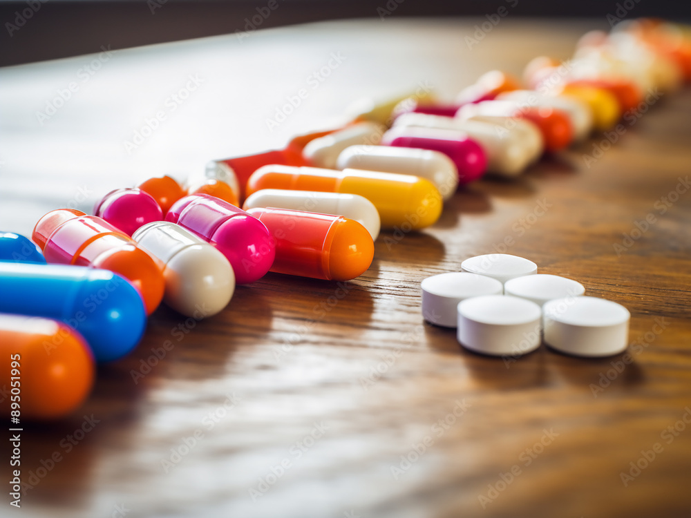 Canvas Prints pills and stethoscope on a wooden table, representing health and medicine