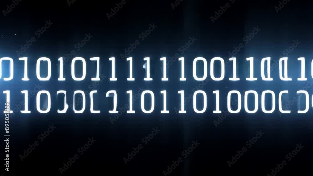Fototapete A close-up shot of a digital display showing white binary code against a black background.