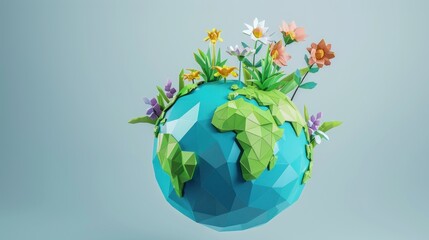A Polygonal Earth with Blooming Flowers