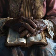 Close-up of the hands of an old woman holding her bible.