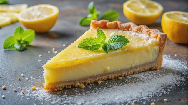 Delicious slice of tangy lemon pie with a crumbly crust , dessert, lemon, pie, homemade, sweet, citrus, tangy, yellow