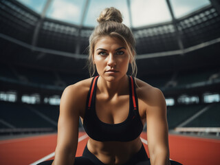 Fototapeta premium Athletic young woman stretching at a stadium