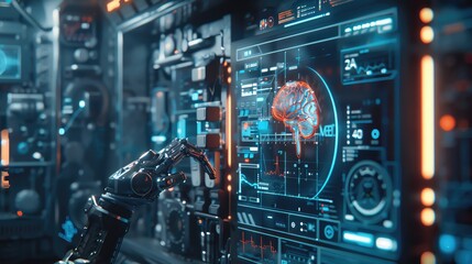 Fototapeta premium Futuristic robotic arm interacting with advanced digital interface showing brain scan in high-tech control room.