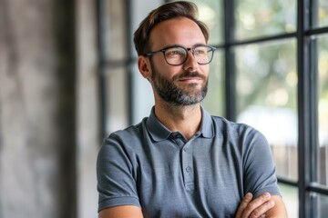 Naklejka premium Business Person Reflecting. Portrait of a Positive Business Manager Daydreaming about Future in Office